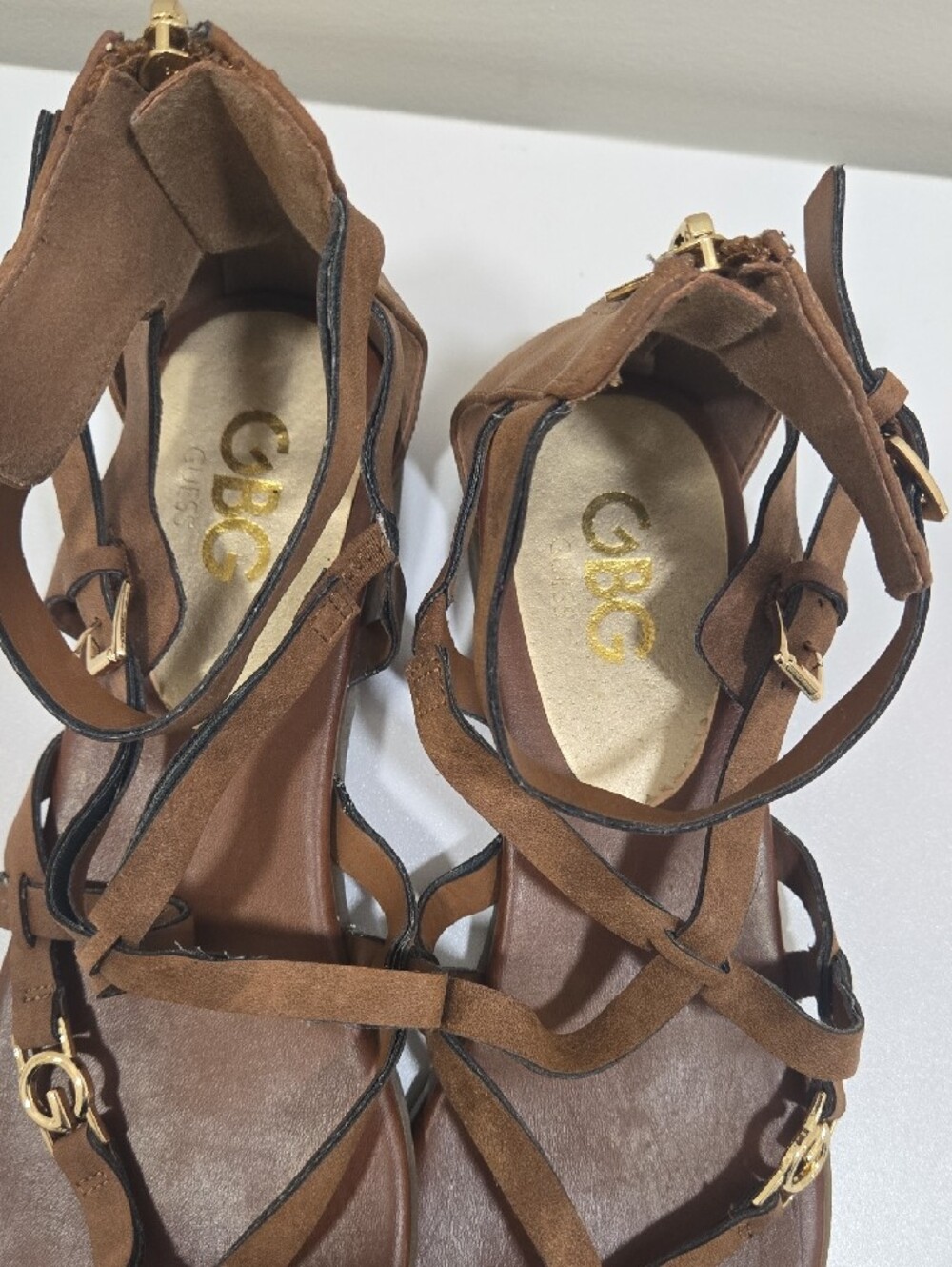 G by Guess Brown Strappy Gladiator Sandals with Gold Accent - Picture 7 of 12